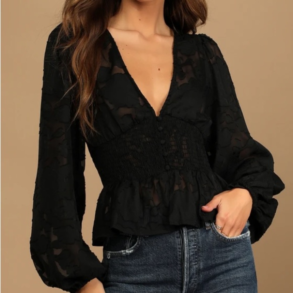 Black Floral Jacquard Button-Up Long Sleeve Top - Size L - Lulus